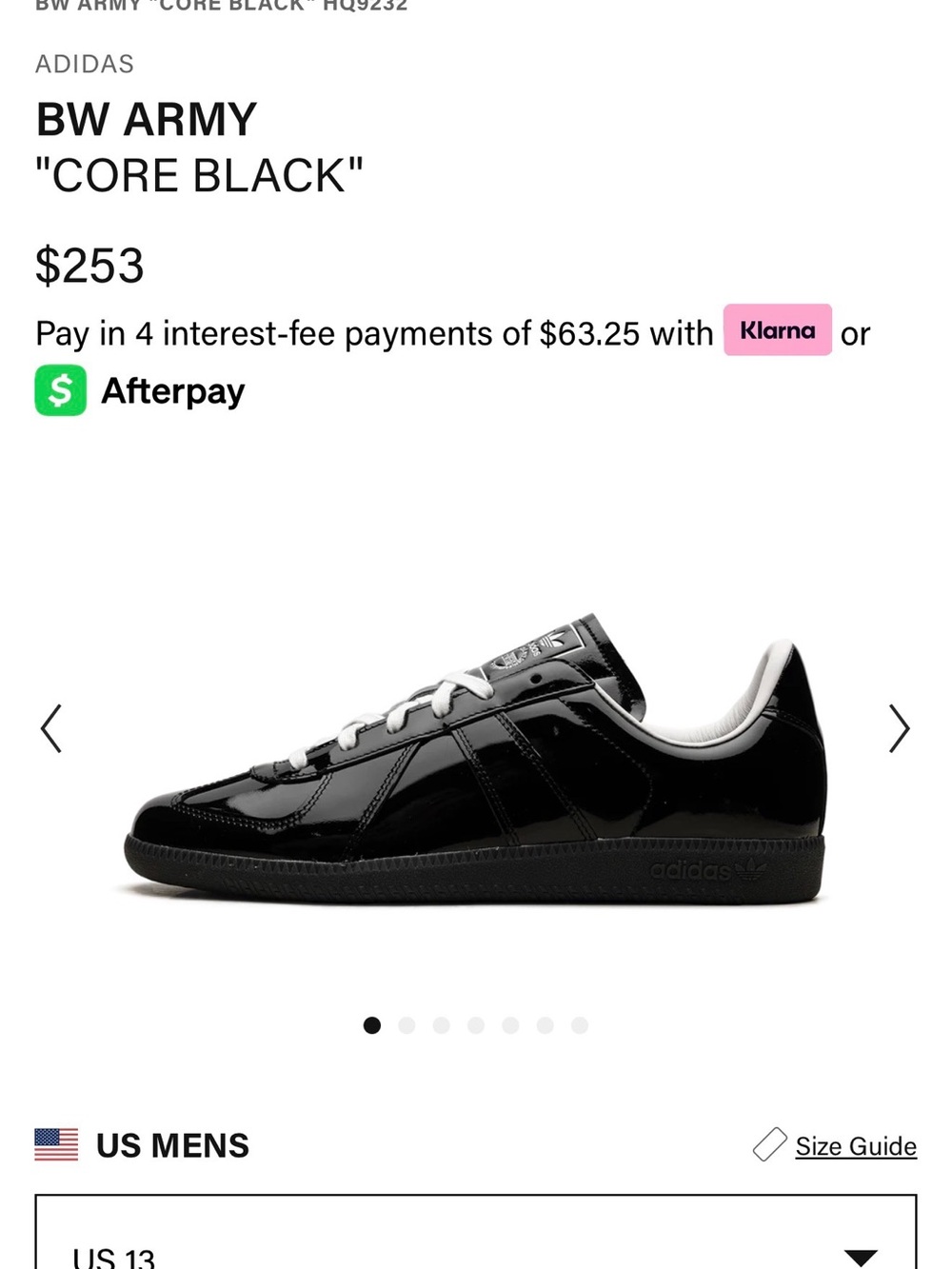 adidas Originals BW Army Core Black Patent Sneakers with White Accents. Size 13